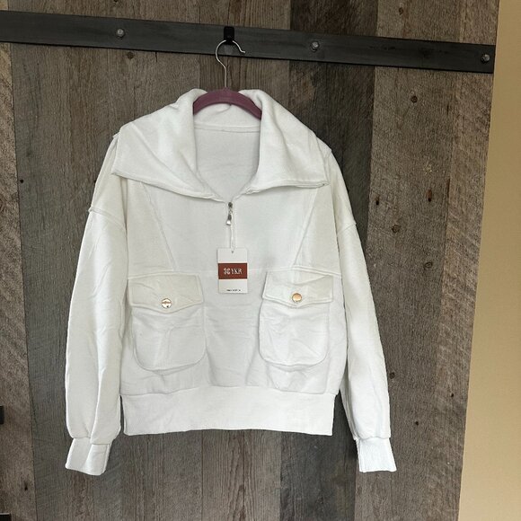 White 1/4 Zip Sweatshirt with Front Pockets - Picture 5 of 11